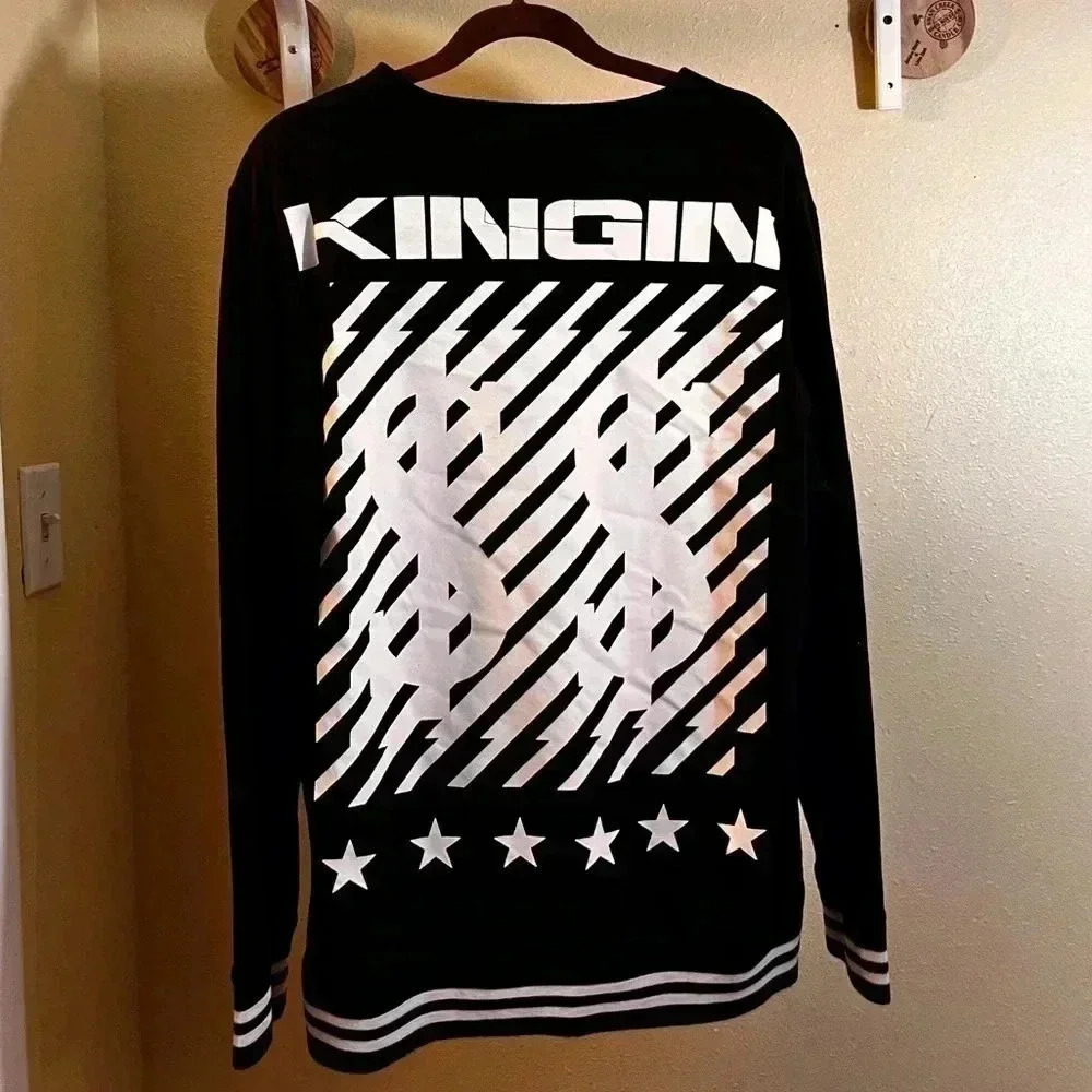 Men’s Crewneck Long Sleeve Shirt Sweatshirt Sz L Black White Kinging